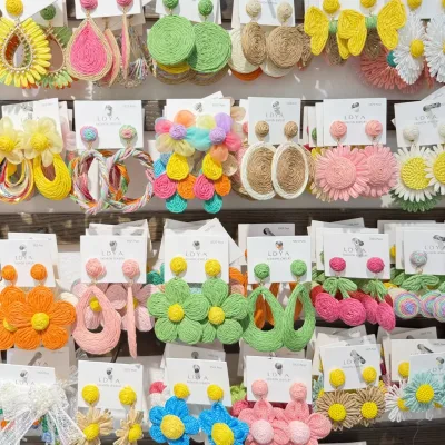 Crochet Raffia Tassel Earring Boho Crochet Dangler Braid Exaggerated Beach Earrings Summer Handmade Eardrop Floral Earrings