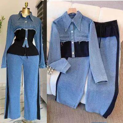 A Denim Patchwork Fashion Casual Set for Spring and Autumn Featuring a Two-piece Long-sleeved Top and Wide-leg Long Pants