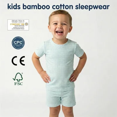 Custom OEKO-TEX Bamboo Cotton Kids Pajamas Set Plaid Toddler Summer Sleepwear Short Sleeve Crewneck Boys Pjs with CPC FSC