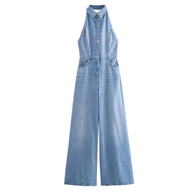 Women's Retro Style High Waisted Denim Jumpsuit Summer Slim Fit Slimming Open Back Casual Formal Washed Techniques Cargo Pants