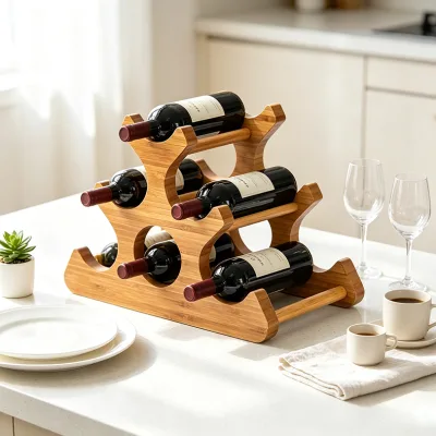 European Style Wooden Freestanding 6-Bottle Wine Rack Contemporary Design for Party Use Countertop Storage Cabinet