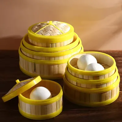 Couscous Steamer Bamboo Food Steamers With Yellow Plastic Rubber Edge for Household Use Steamer Cooker