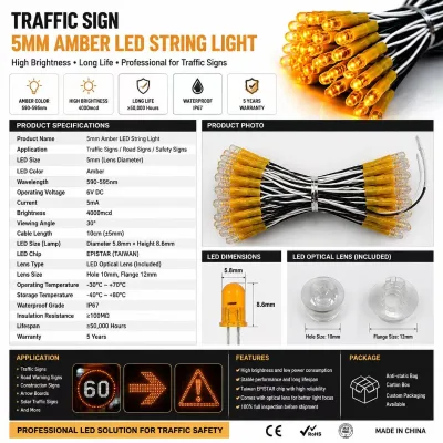 5mm Amber LED String for Traffic Sign Warning Light Road Safety 6V High Brightness Ra80 5-Year Warranty