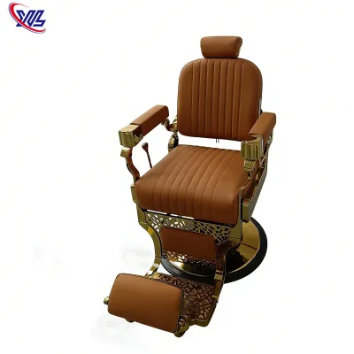 Xinman Luxury Gold Frame Salon Furniture Tufted Hairdressing Barber Chair Antique Retro Round Base Saloon Shaving Chair for Sale