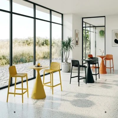Modern Cafe & Bistro Outdoor Dining Bar Set Stackable Plastic Bar Stool & Table Combo Weatherproof Furniture for Outdoor Patio