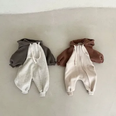 Spring Autumn Infant Toddler Boys Girls Oversize Hoodie Zipper Patchwork Cotton French Terry Long Sleeve Bodysuit Baby Jumpsuit