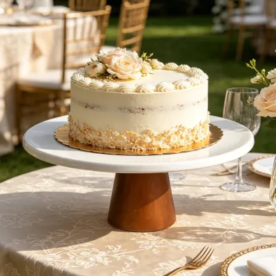 Handmade Custom Round Ceramic Cake Stand with a Bamboo-wood Base for Birthday Party Cake Tray