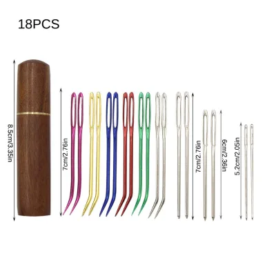 Large Eye Steel Needles Set with Curved & Straight Blunt Needles and Wooden Tube for Knitting and Yarn Sewing