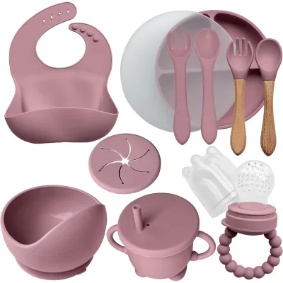 Factory Customize logo Hot Sale Baby Suction Bowl With Spoon and Fork and Bib Silicone Baby Feeding Set