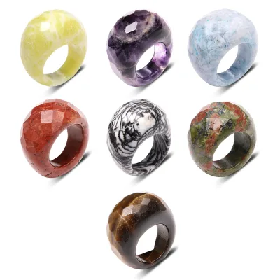 Trendy Natural Stone Geometric Jewelry Colorful Minimalist Charm Finger Ring Gift for Women Men Vacation Travel