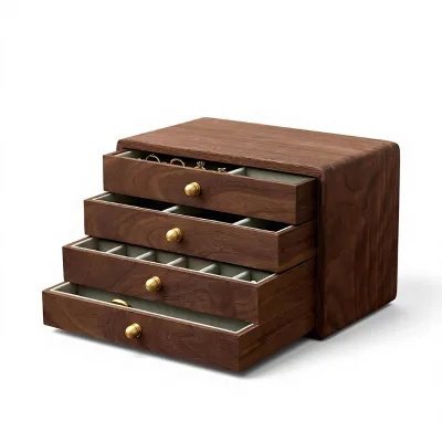 THFLSTR Wooden Jewelry Box for Women Men Large Velvet Lined Organizer 4 Drawers Solid Black Walnut Brass Handles Jewelry Storage