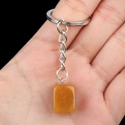HY Healing Crystal Irregular Pocket Stone Yellow Jade Long Square Key Rings