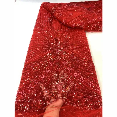 New Arrival Low Price Lace Fabric With Beads Direct Sales Good Price Beaded Lace Fabric Red Lace Fabric
