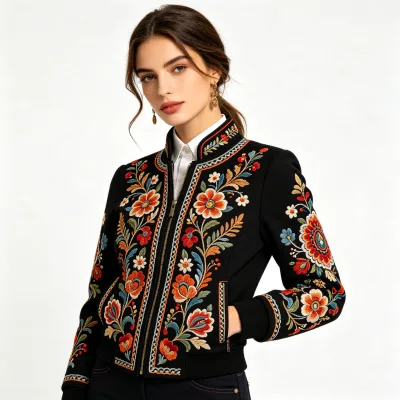 Women's Black Embroidered Breathable Stretchy Nylon Spandex Western Classic Equestrian Bomber Jacket Floral Stand-Collar Ribbed