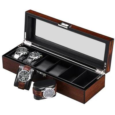 6-Slot Brown Faux Leather Watch Box Organizer Real Glass Top Display Case for Men and Women for Jewelry Storage