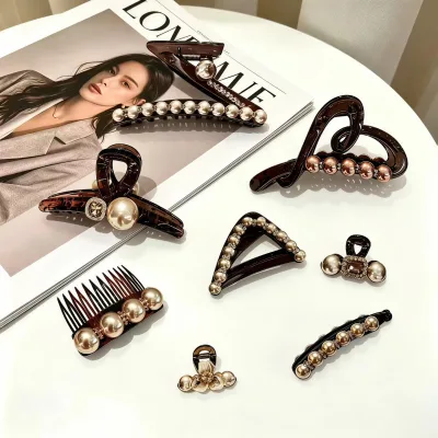 11cm Crystal Light-Luxury Design Z-Shaped Pearl Large Handmade Hair Clip Retro Shark Clip for Updos at the Back of the Head