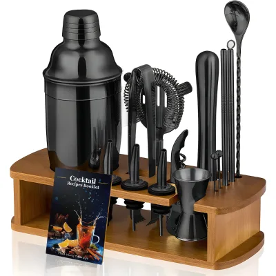 IStapromo Gifts Factory 15pcs Bartender Kit Cocktail Shaker Set with Bamboo Stand Stainless Steel Bar Set