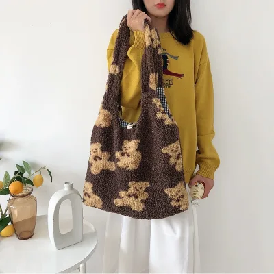 New Korean Cute Plush Cartoon Bear Large Capacity Shoulder Tote Shopping Bag for Daily Travel Use