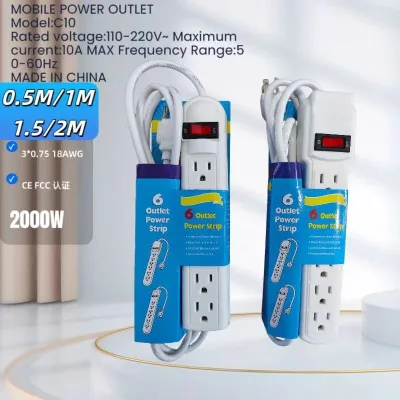 6-Socket Power Strip with Switch 15A Rated Current Power Extension Board 6 AC Outlets for 6FT110v/240v