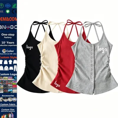 Custom Summer Halter Top Drawstring Waist Sleeveless Regular Sexy Style Breathable Front with Button Split Design