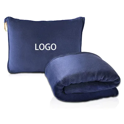 Custom Logo Embroidery 100% Polyester Portable Soft Flannel Fleece 2-in-1 Travel Airplane Pillow Blanket Set