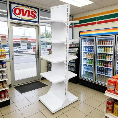 Custom Modern Convenience Store Freestanding Two Sided Shelf Multi Purpose Snack Food Drink Accessories Metal Display Rack