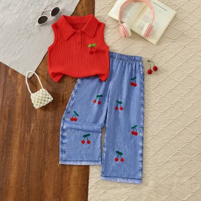 Girls' Summer Cherry Two-Piece Set Soft Sleeveless Pullover Top Faux Denim Pants Cartoon Print Cute Casual Outfit for Girls
