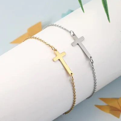 Hot Sale Custom Cross Charm Couple's Bracelets Engraving Name Mantra Letters Stainless Steel Classic Bracelet