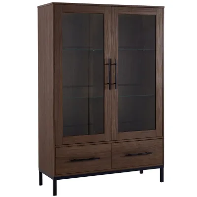 Vintage Oak Wood Display Cabinet (Tempered Glass Door + LED Light)-Living Room & Bedroom Curio Showcase with Adjustable Storage