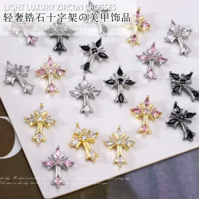Luxury Pink Black Gold Silver Cross Nail Art Parts Zircon Crystal Manicure Nails Accesorios Supplies Decorations Charms