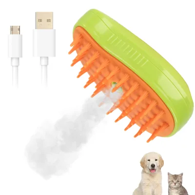 3 1 Multifunction Rechargeable Self Cleaning Plastic Silicone Dog Cat Hair Massage Brush Steamy Comb Green/Yellow Custom Logo