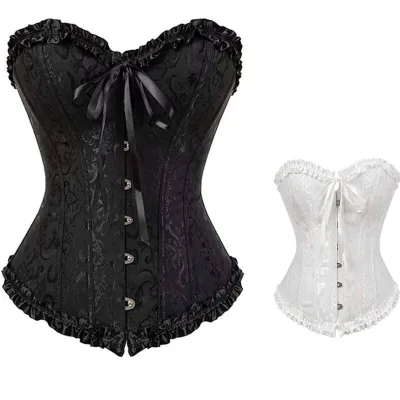 Women Gothic Jacquard Ruffle Trim Sweetheart Corset Front Hook Lace up Back Waist Training Bustier Shapewear