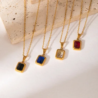 Multicolor Square Pendant Necklace Women Trendy Stainless Steel Gold Plating Link Chains Luxury Fashion