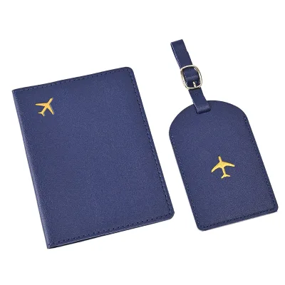 Customized Blue PU Passport Holder Set Gold Logo Portable Water Resistant Fashion Style Organizer Cover Luggage Tag for