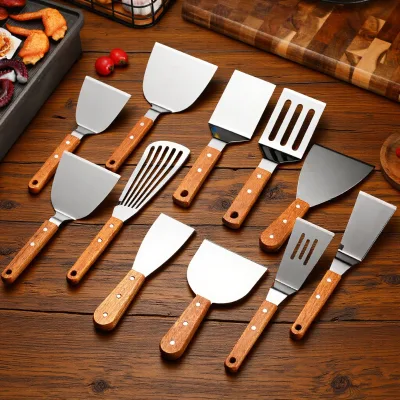 Stainless Steel Heat Resistant Cooking Spatula Slotted Shovel with Long Wooden Handle for Teppanyaki Barbecue Steak