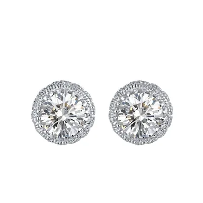 Hot Sale Fashion Women Cubic Zircon Jewelry Wholesale 925 Sterling Silver Big Stone Stud Earrings Circular Zircon Earrings Gift