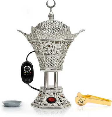 Hot Sale Time Control AC110V Silver Bakhoor Set Burner Arabic Incense With Oil Dish And Clip