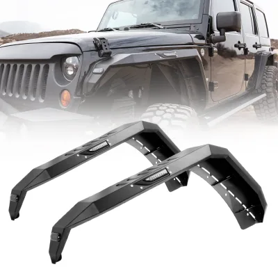Car 4Pcs Textured Steel Front Fender for 2007-2018 Jeep Wrangler JK JKU 2/4DR Heavy Duty Flares W/ LED Lights