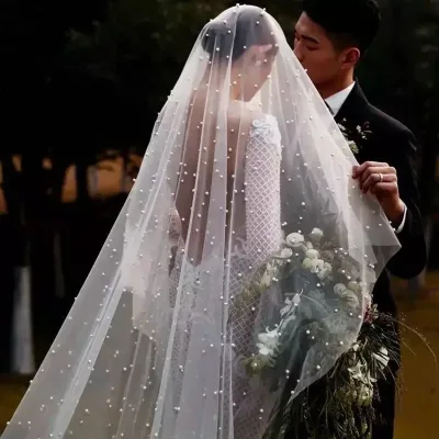 Pearls Bridal Veil 2 Tiers Blusher Wedding Veil Drop Veil Face-Covered With Comb White/Ivory Velos De Noiva Bead Cathedral 300cm