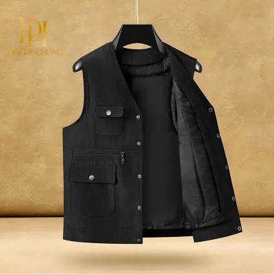 Men's Mult Pocket Workwear Thickened Jacket Middle Aged and Elderly People Fishing Blouse Father's Casual Outerwear Casual Vest