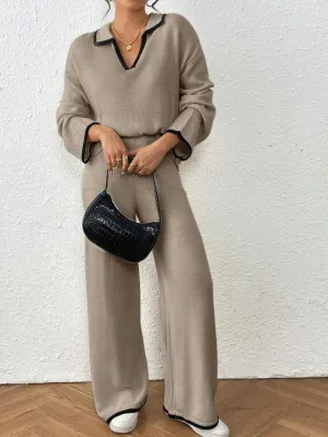 Enyami Women's Winter Solid Breathable Knitted 2-Piece Elegant Oversized Sweatsuit Chunky Knit Sweater Top Wide Leg Pants