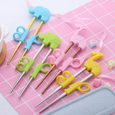 304 Stainless Steel Baby/Kids Learning Training Chopsticks Ring Cute Cartoon Animal Design Silicone Practice Hollow Mirror