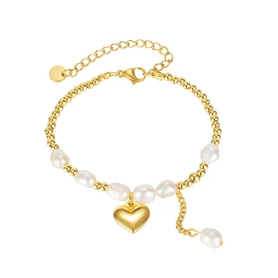 High Quality Natural Freshwater Pearl Bracelet Gold Chain Heart Stainless Steel Bracelets for Women and Girl