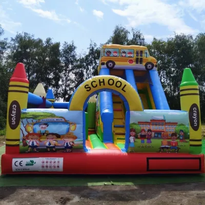 School Bus Themed Slide Jumping Bouncer and Small Obstacle Course Juegos Crayon Inflables Bouncer Adults Kids Playground