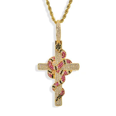 Men Copper Silver Gold Iced Out Diamond Snake Around Cross Hip Hop Pendant for Diy Jewellery