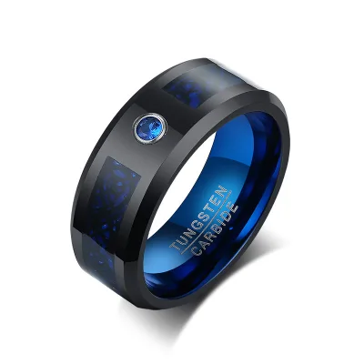 Blue and Black Carbon Fiber Tungsten Steel Ring 8MM Men's Single Inlaid Zircon Ring