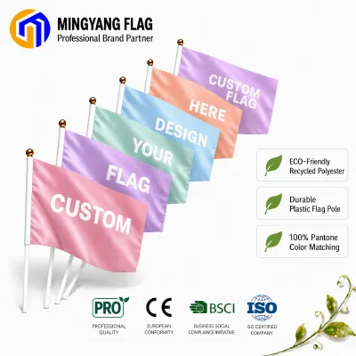 Customized Handheld Waving Flag Custom Hand Head Mini Stick Flag With Plastic Wood Pole