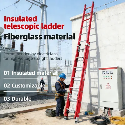 Modern High Voltage 500V Insulated Fiberglass Ladder CE EN131 Rope Pulley Extension 4.1m Lifting Height Safety Lock Foldable