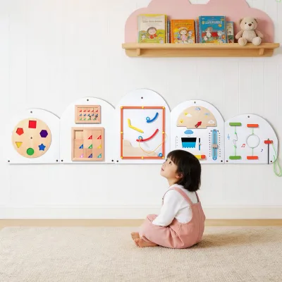 Wooden Wall Panel Sensory Training Busy Board Game 5 Panels Sensory Activity Center Shape Sorting & Weather Theme Learning Toy
