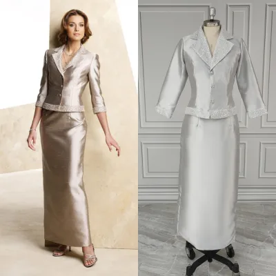 15522# Real Photos Two-piece Mother of the Bride Groom Dresses Suits Wedding Guest Wear Beads Vintage Formal Evening Gown
